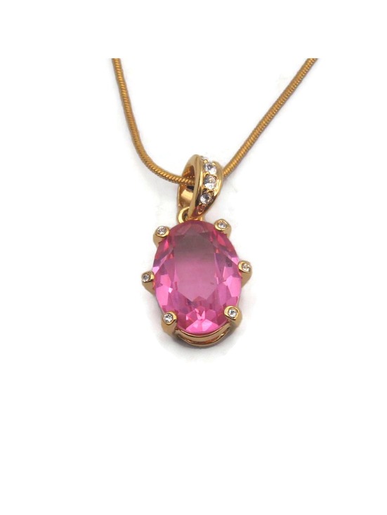 Jewelry - VTG Gold Tone, Pink Acrylic & Clear Stones Faceted Pendant Necklace, 18" Chain.